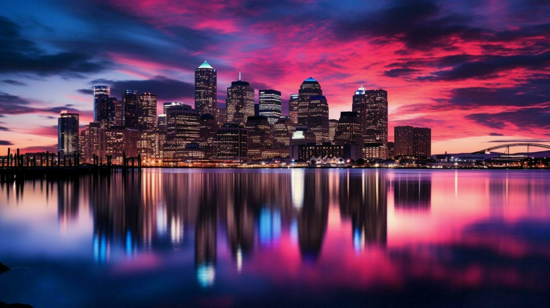 vibrant skyline illuminates waterfront at dusk in financial photo