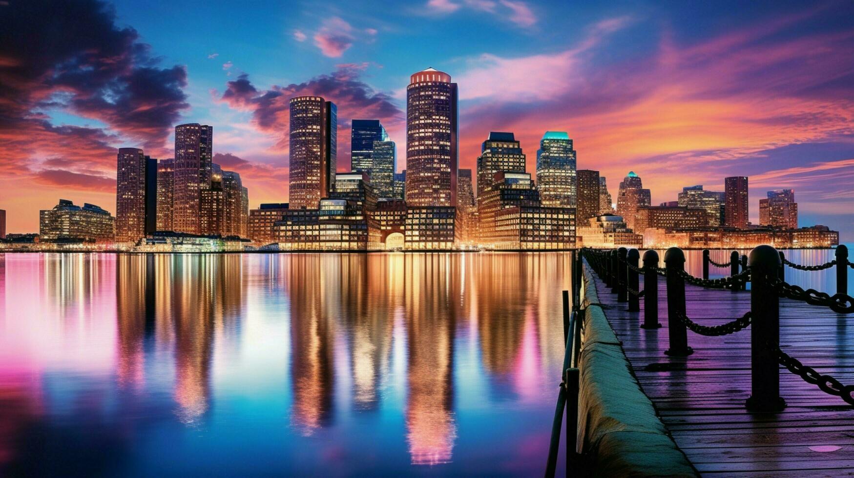 vibrant skyline illuminates waterfront at dusk in financial photo