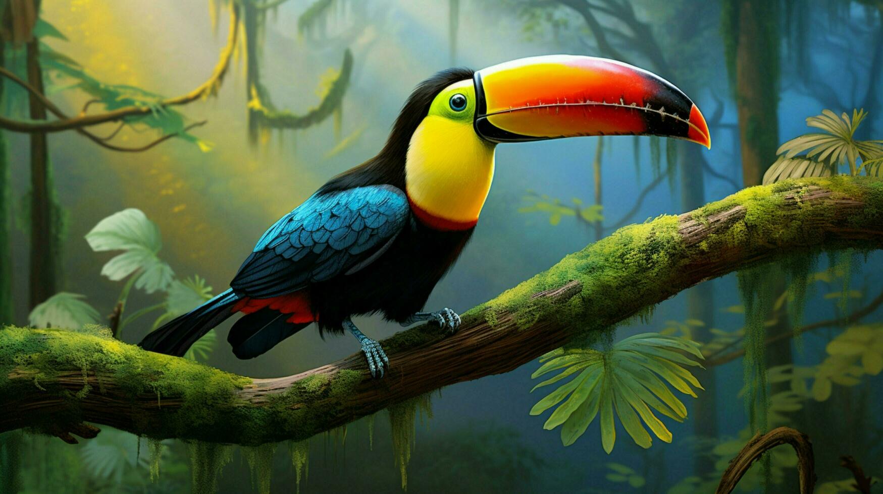 vibrant toucan perching on branch in tropical rainforest photo