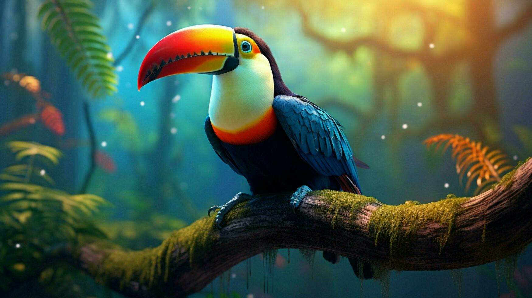 vibrant toucan perching on branch in tropical rainforest photo