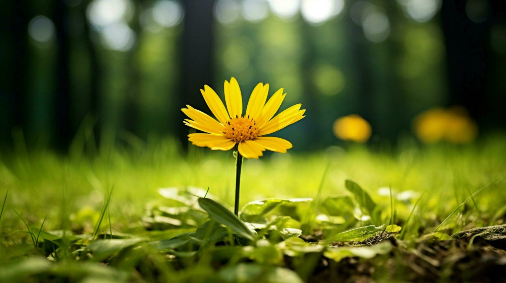 vibrant yellow petals adorn single flower in lush green photo