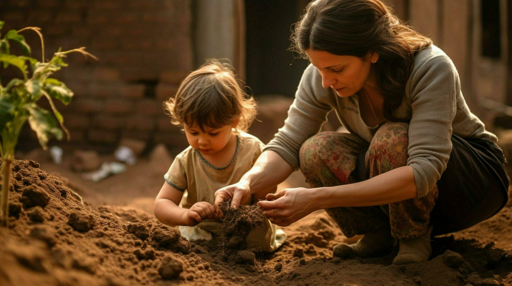 women and child planting seedling in dirt photo