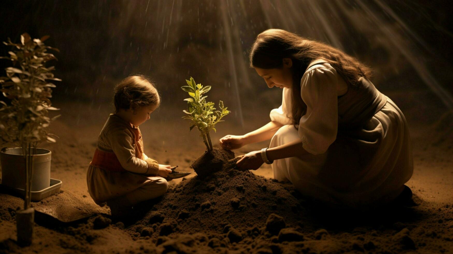 mujer y niño plantando planta de semillero en suciedad foto