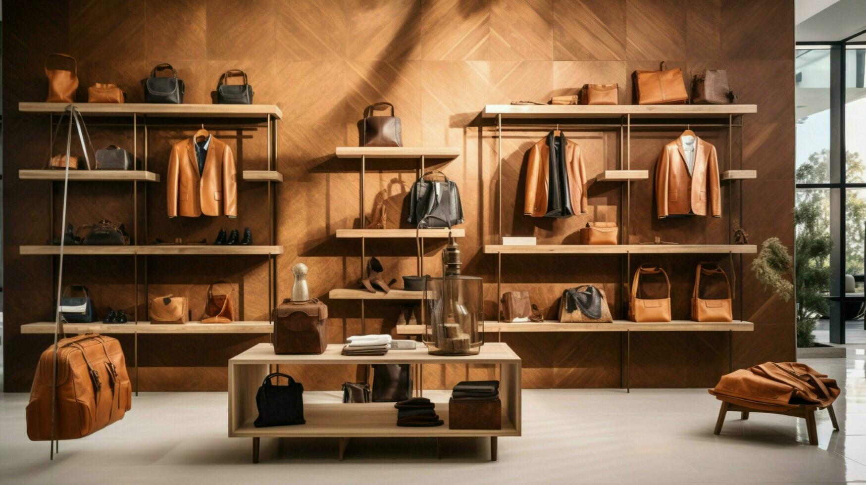 wooden shelves display leather fashion collection photo