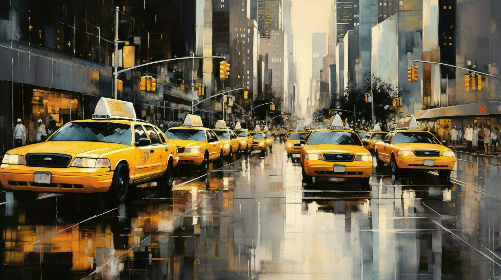 yellow taxis rush through city streets at twilight photo