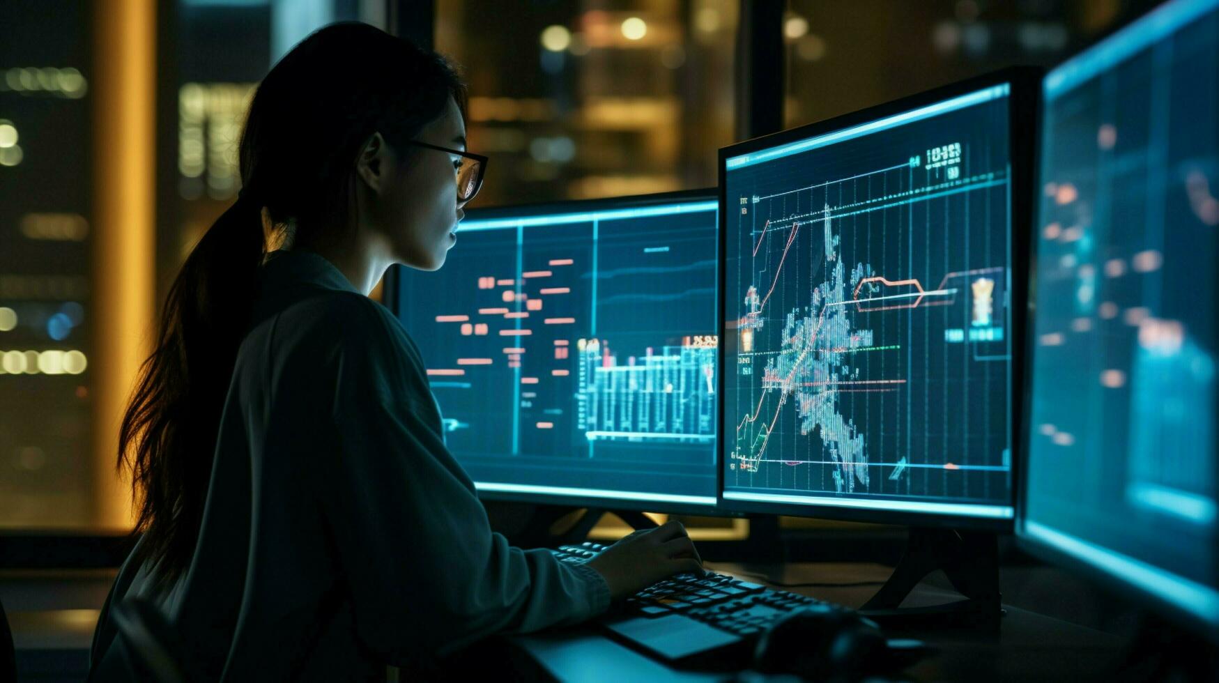 young adult analyzing data on illuminated computer photo