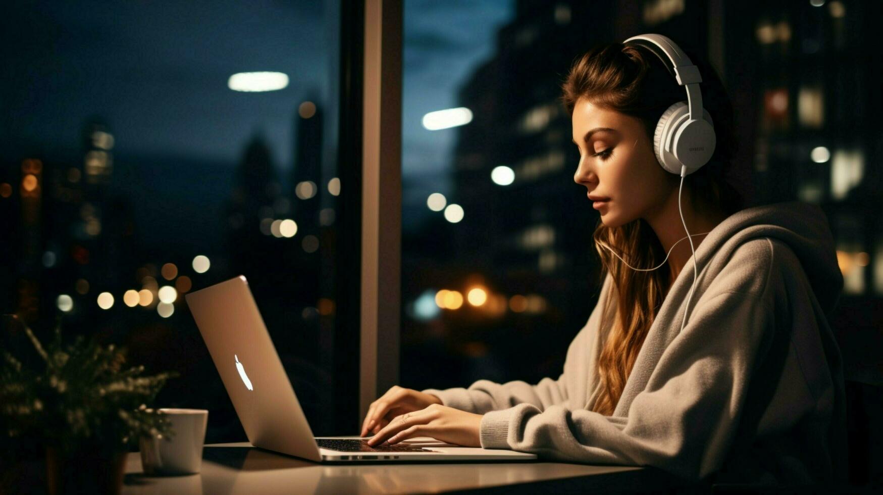 young adult business person working late listening photo