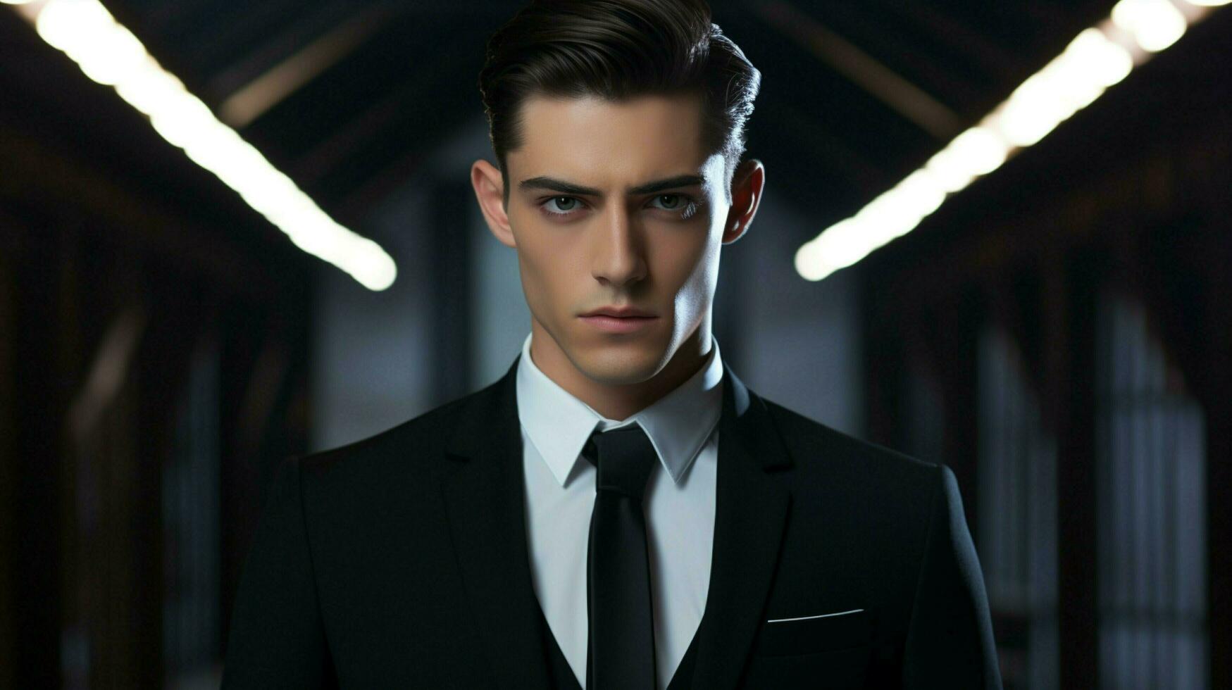 young adult fashion model in black suit photo