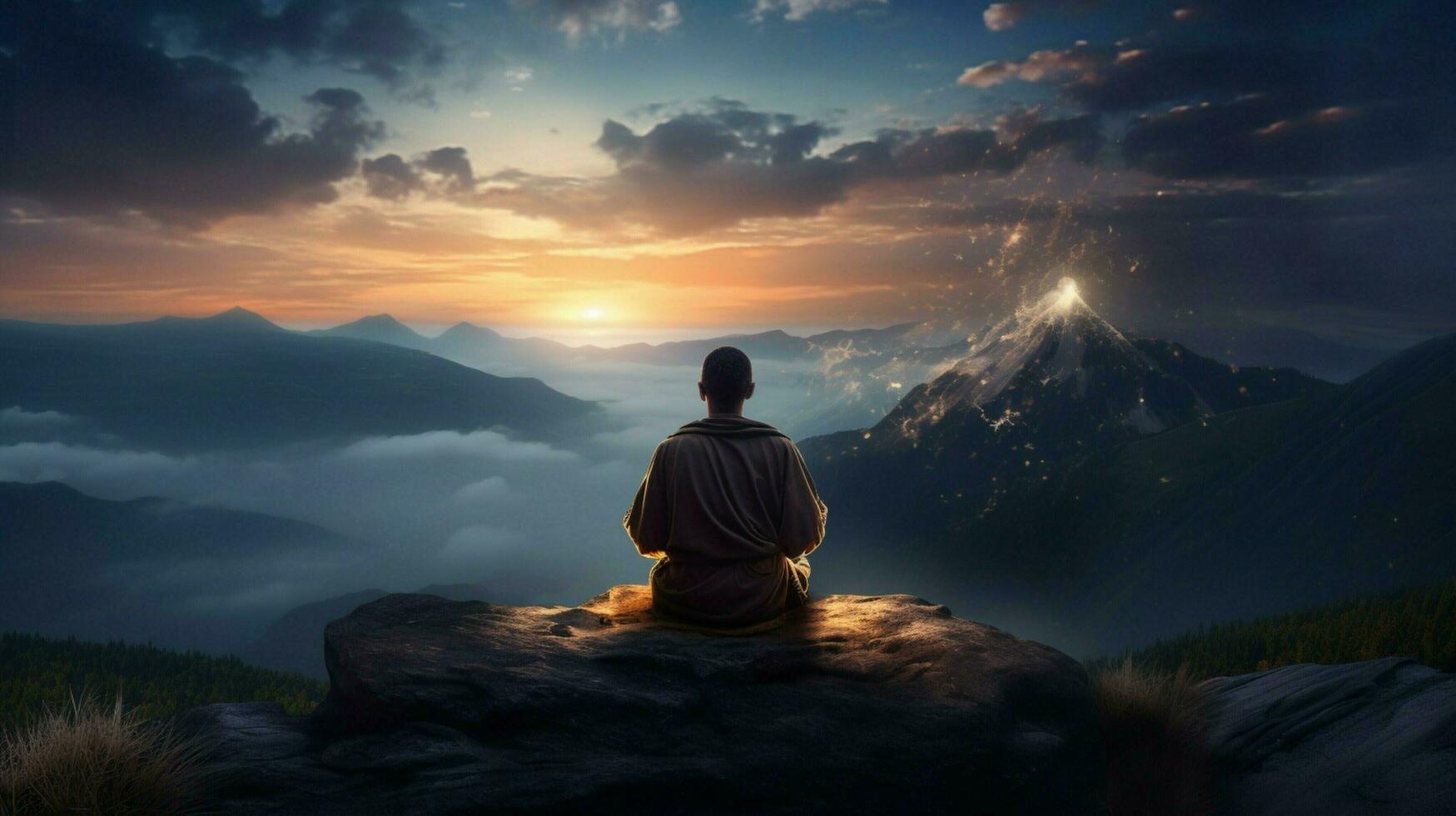 young adult meditating on mountain peak at dusk photo