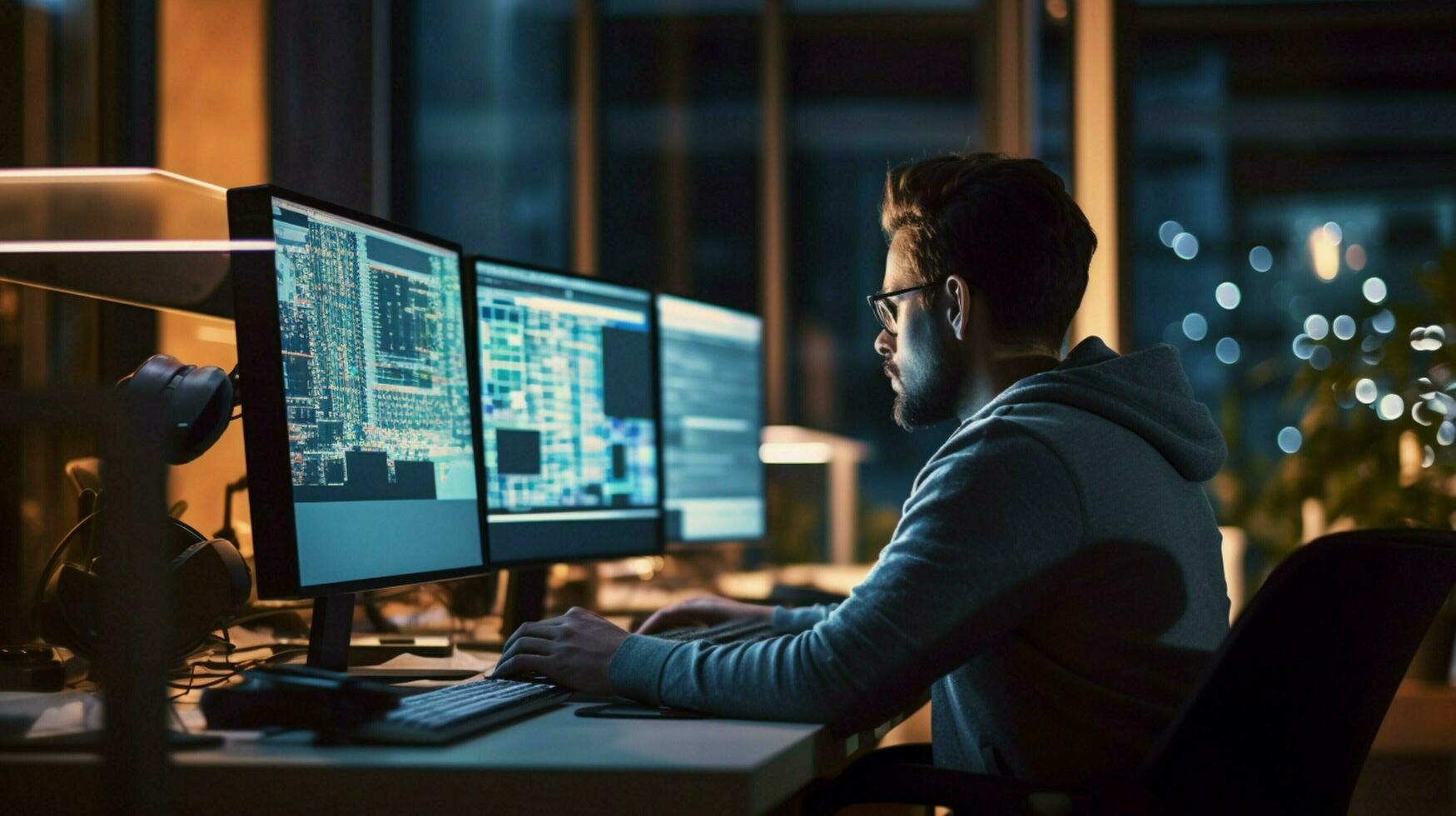 young adult programmer typing on computer at office photo