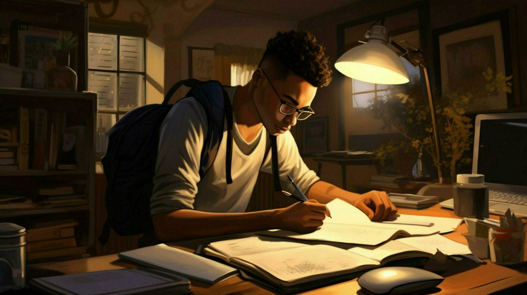 young adult sitting at desk studying paper photo