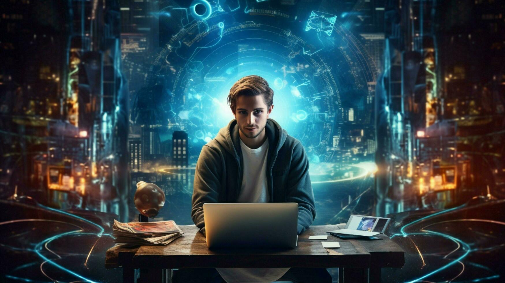 joven adulto sentado a futurista escritorio trabajando en computadora foto