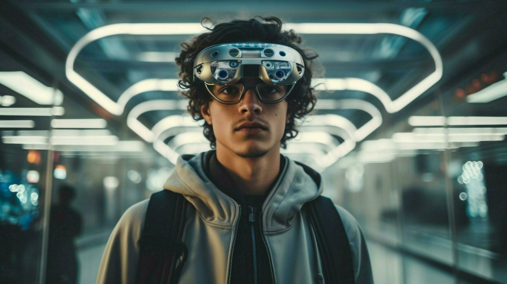 young adult wearing futuristic smart glasses indoors photo