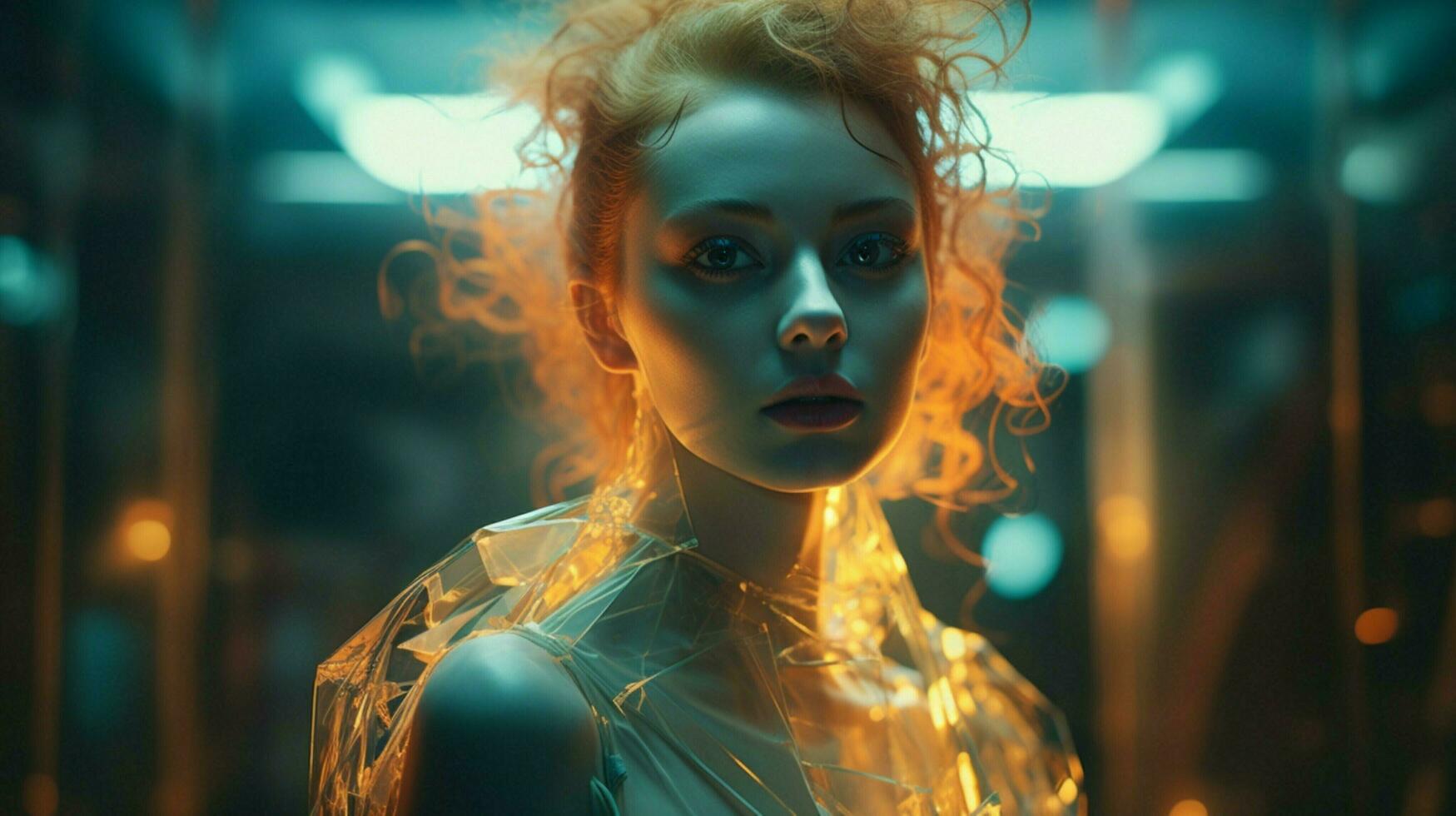 young adult woman futuristic portrait shines sensuality photo