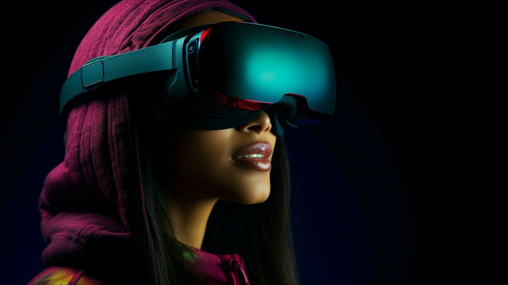 young adult woman wearing futuristic vr headset in dark photo