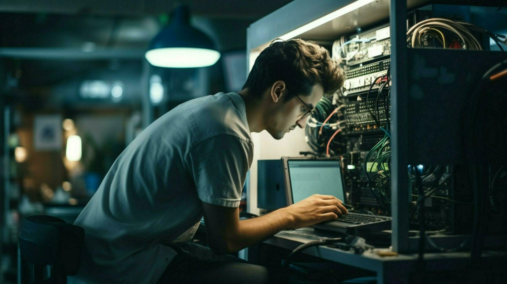 young adult working on computer equipment indoors photo