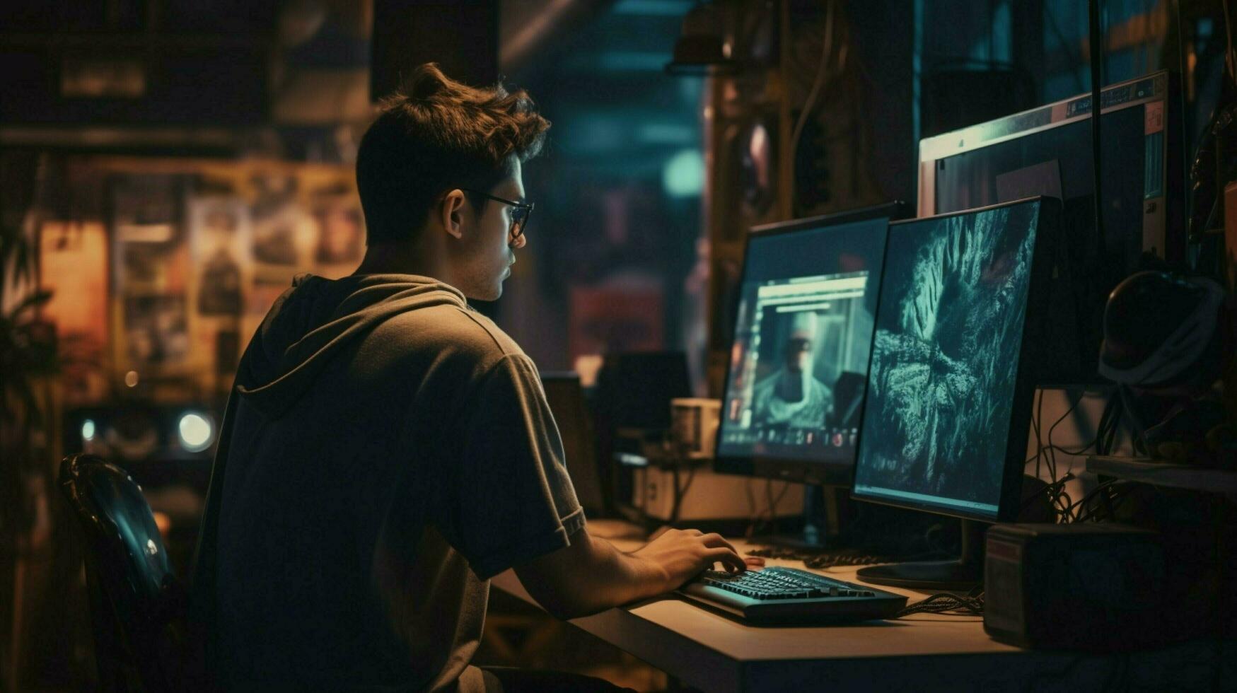 young adult working on computer equipment indoors photo