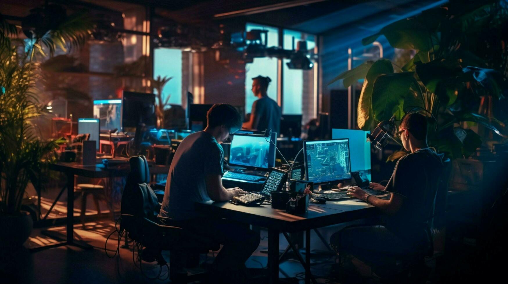 young adults coding standing working glowingly indoors photo