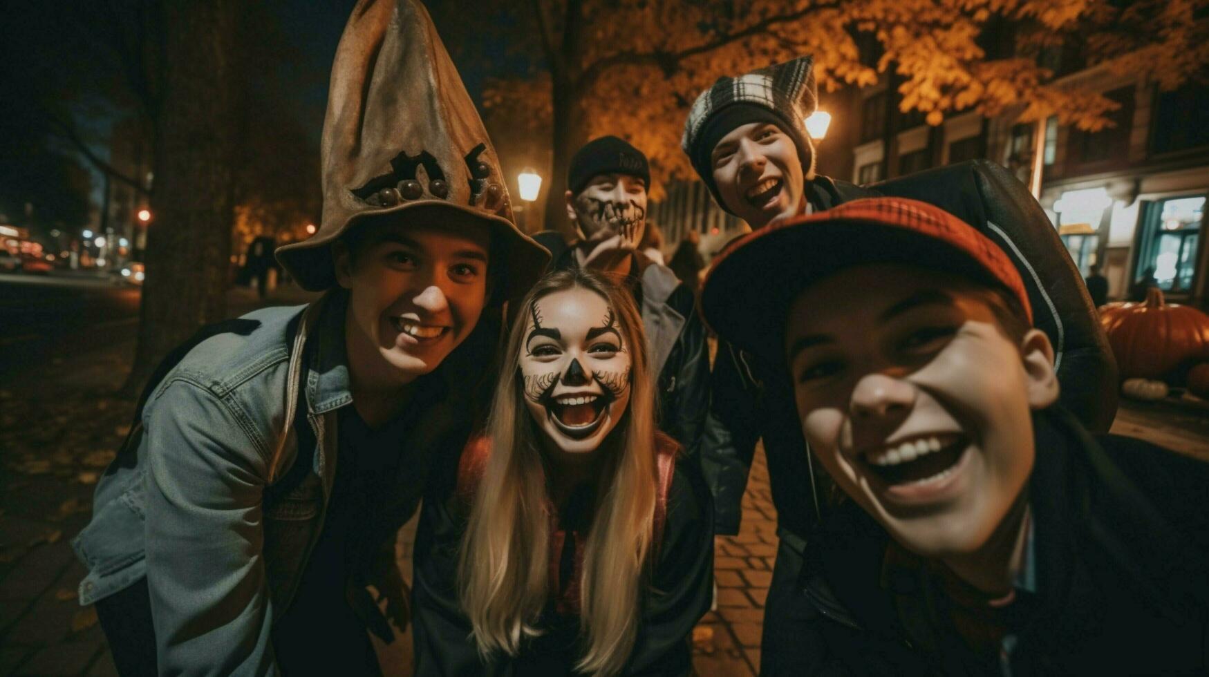 young adults smiling looking at camera outdoors in spooky photo