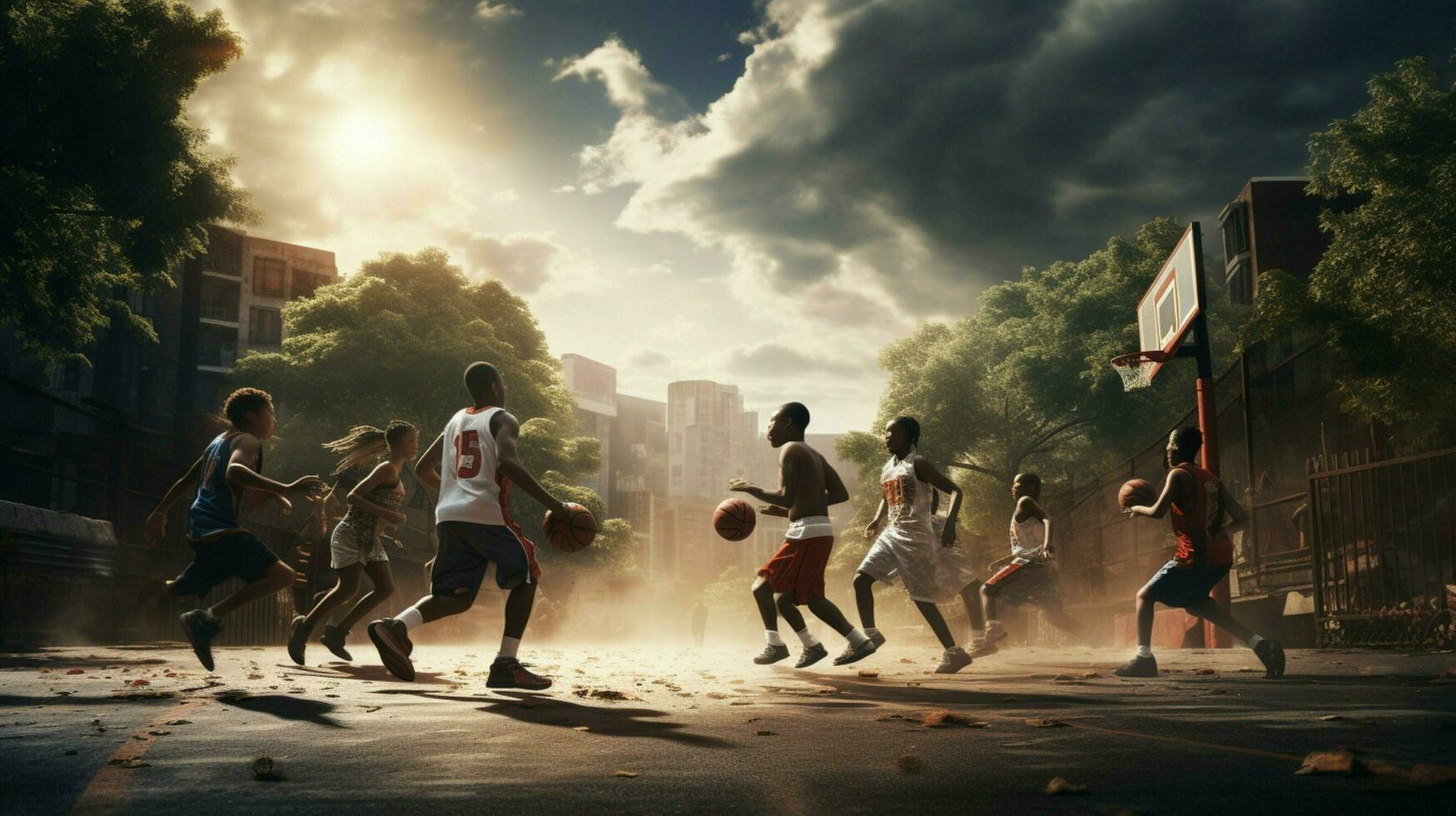 young athletes playing basketball outdoors with friends photo