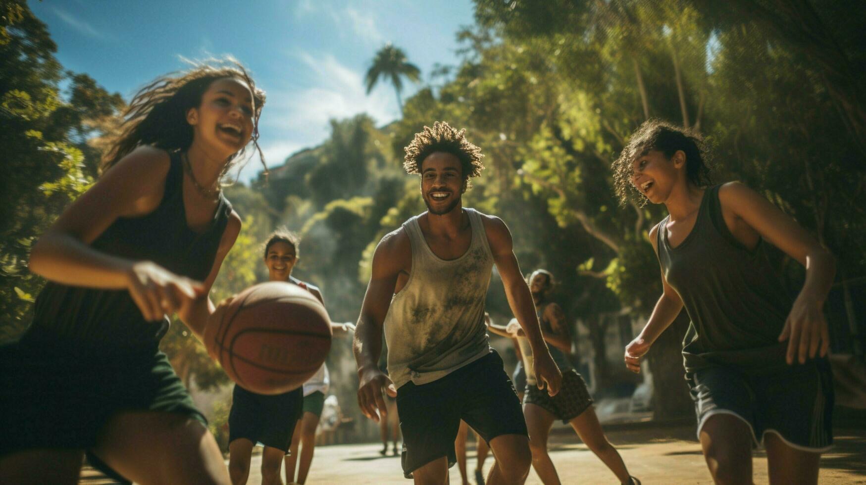 young athletes playing basketball outdoors with friends photo