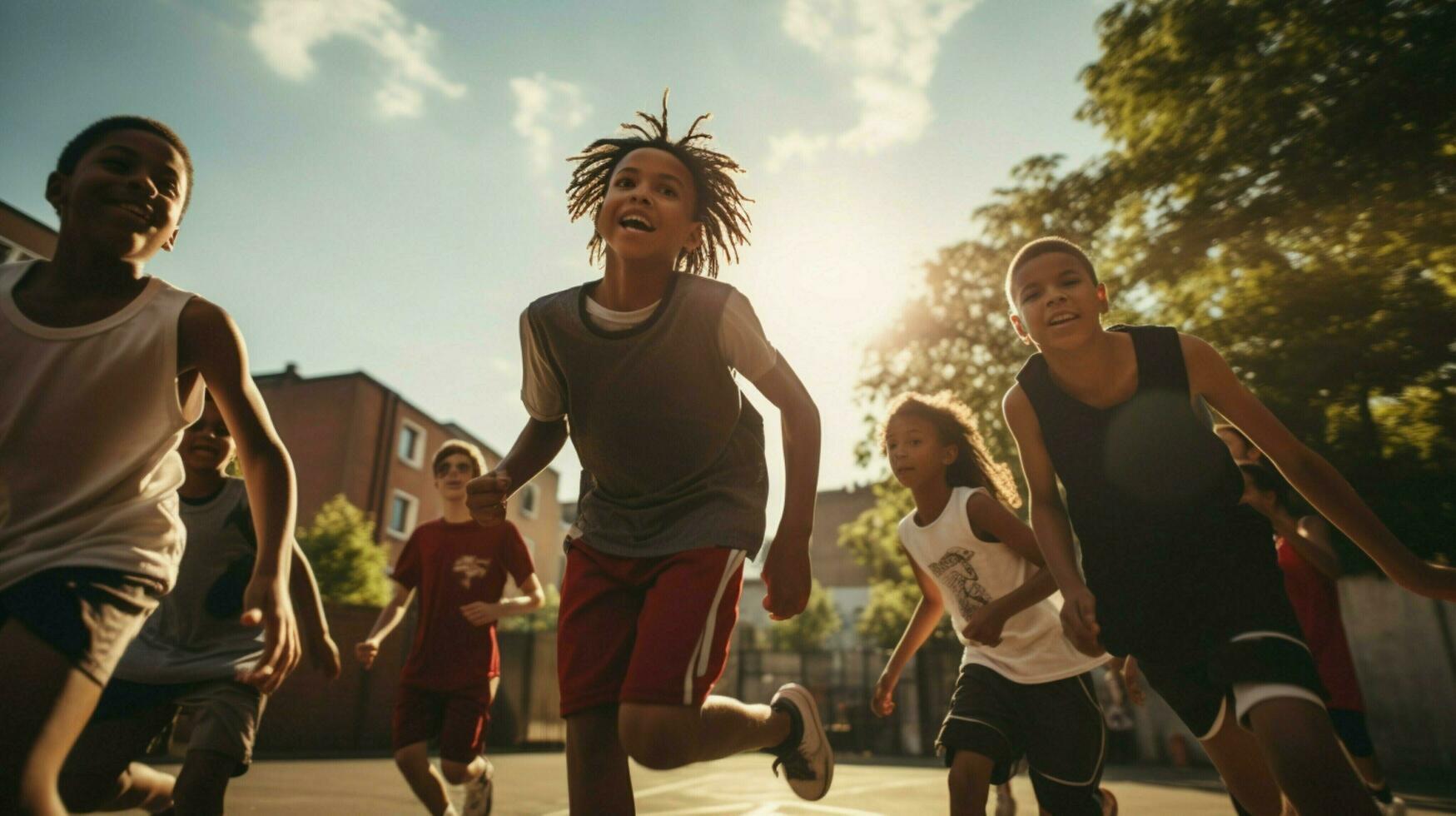 young athletes playing basketball outdoors with friends photo