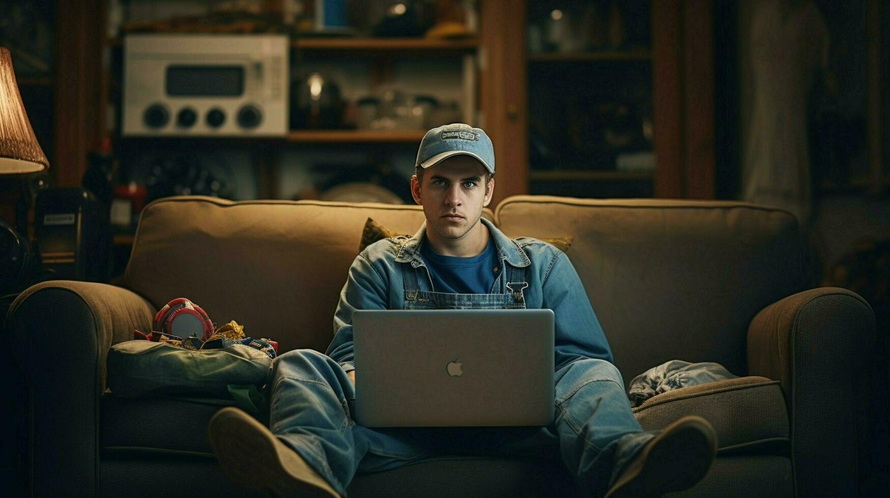 young caucasian repairman sitting using computer indoors photo