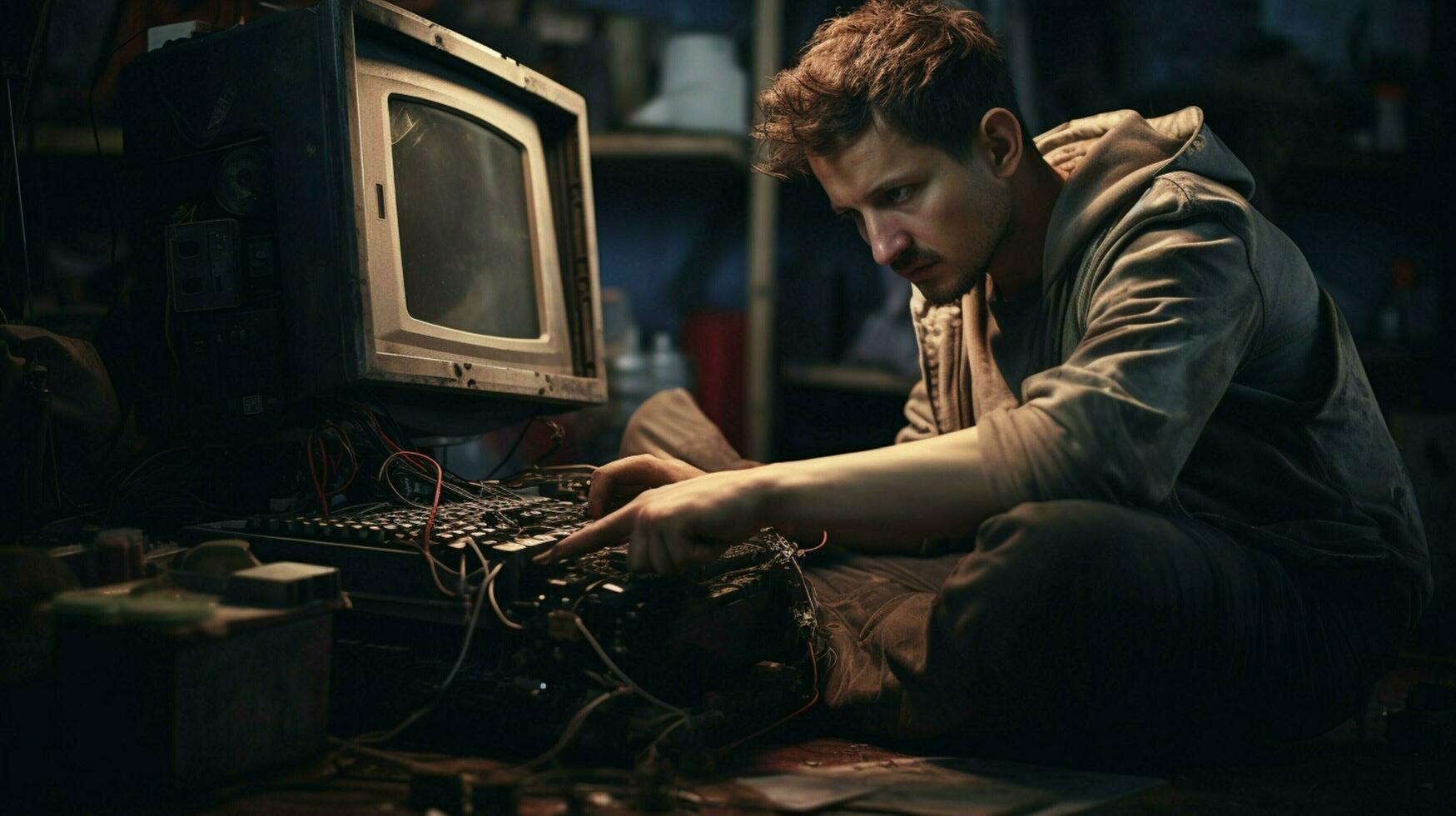 young caucasian repairman sitting using computer indoors photo