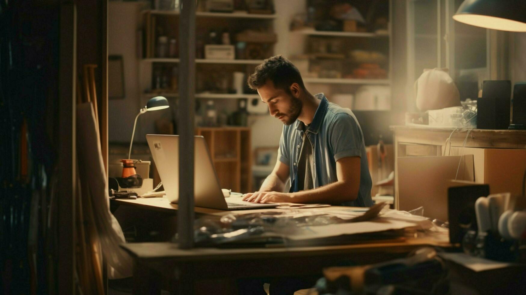 young caucasian repairman sitting using computer indoors photo