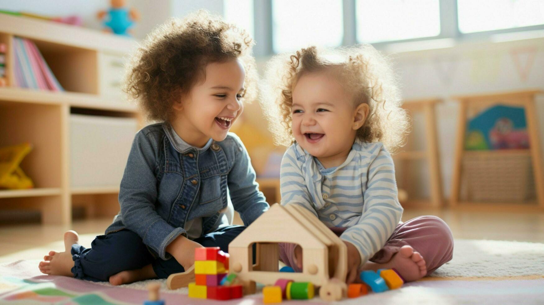 joven niños sonriente aprendizaje y jugando juntos interior foto