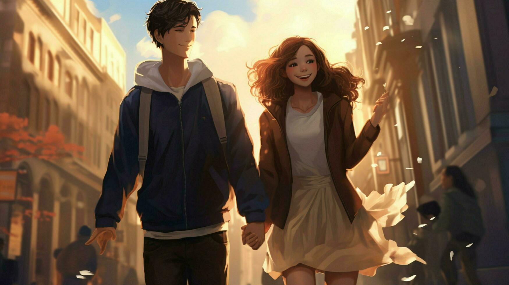 young couple walking in the city enjoying sunlight photo