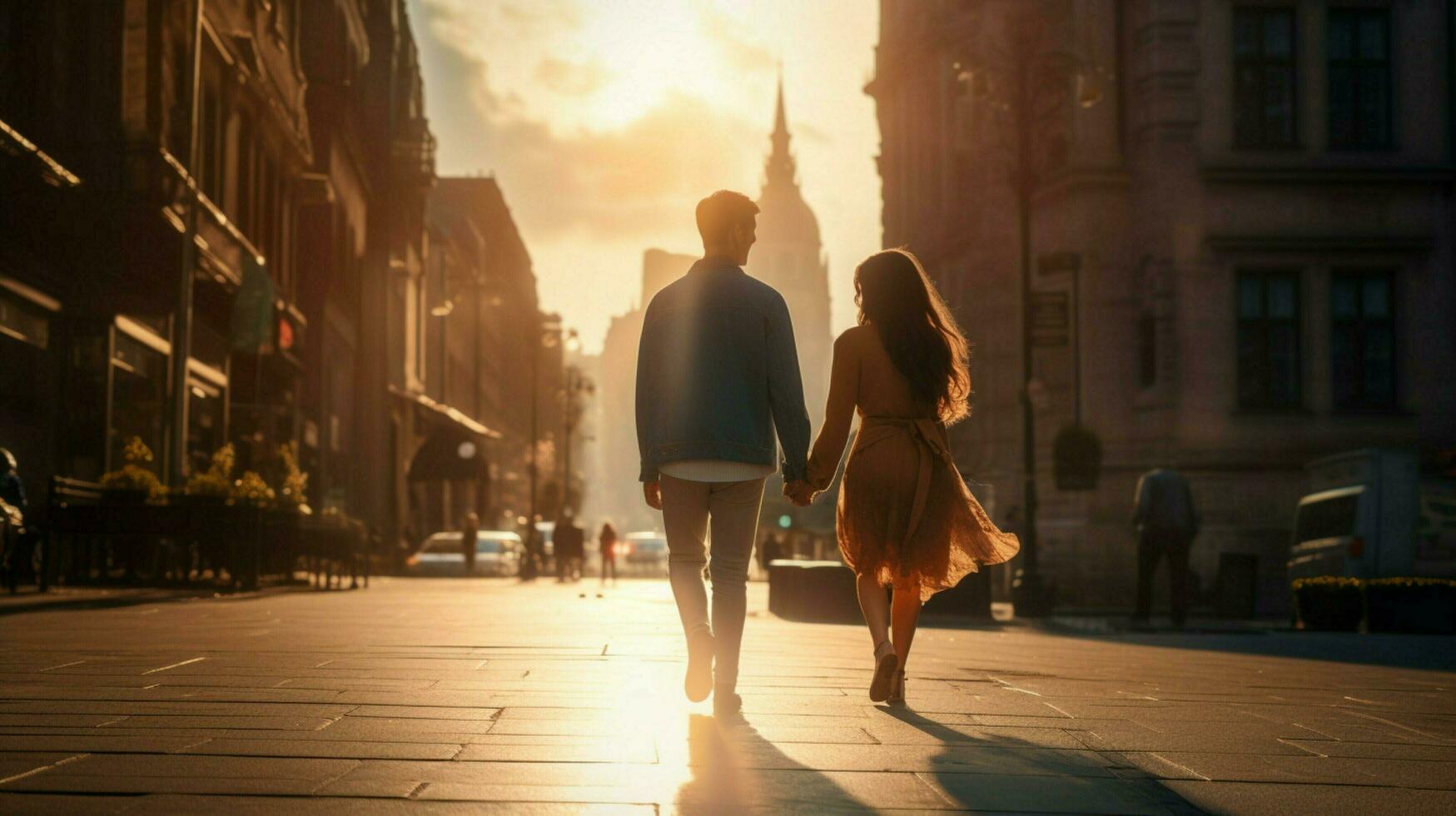 young couple walking in the city enjoying sunlight photo