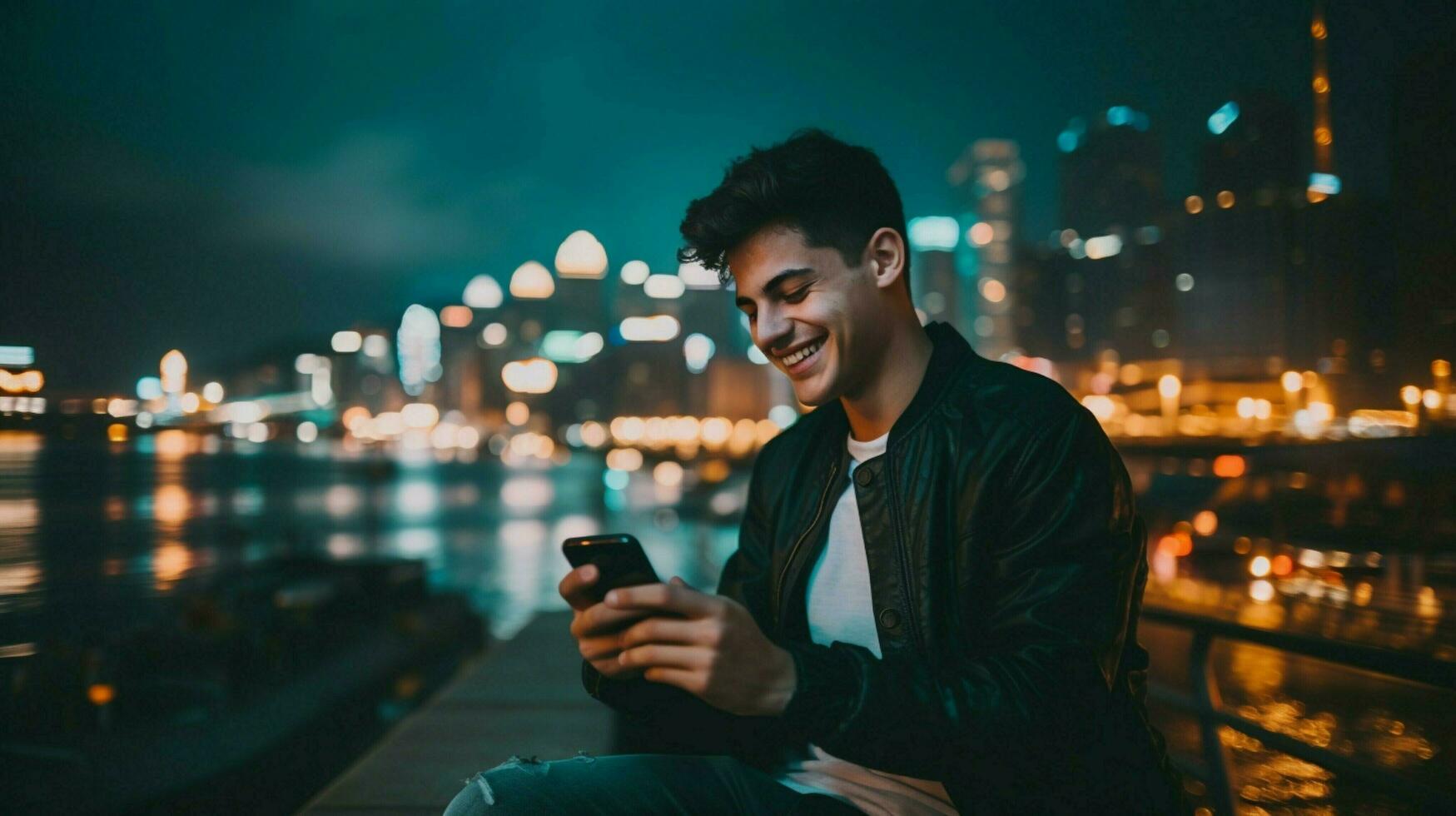young man smiling photographing city with phone photo