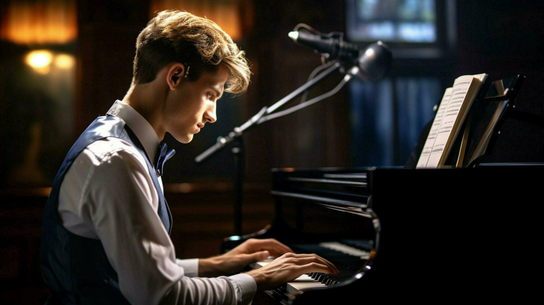 young pianist practicing with headphones in studio photo