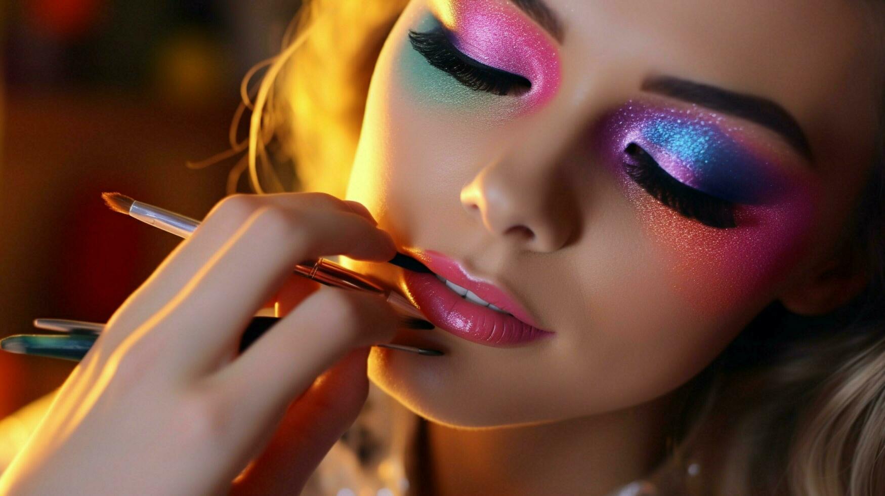 young woman applying multi colored eyeshadow indoors photo