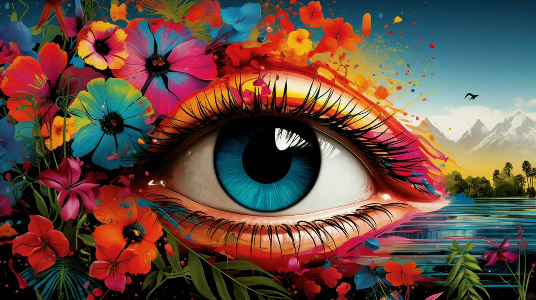 young woman eye reflects colorful summer nature photo