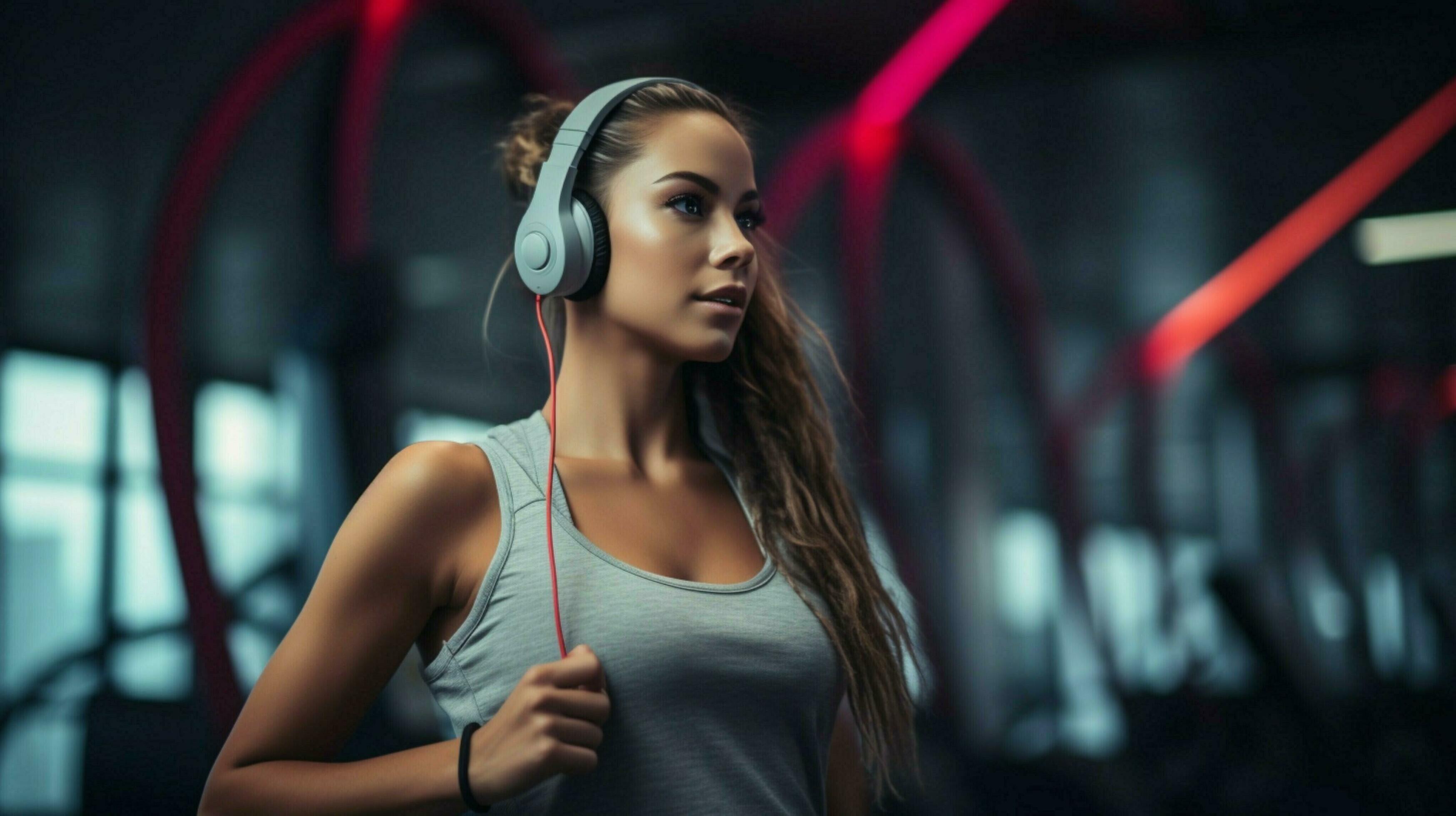 joven mujer hacer ejercicio con auriculares en gimnasio 32949177 Foto de  stock en Vecteezy
