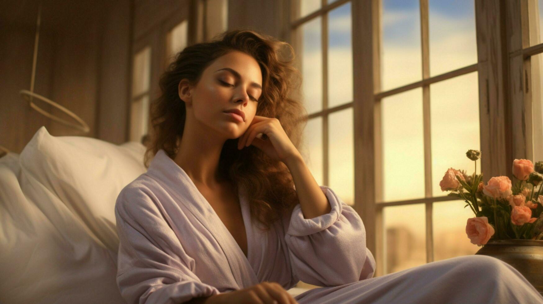 young woman in a bathrobe enjoying a serene beauty treatment photo