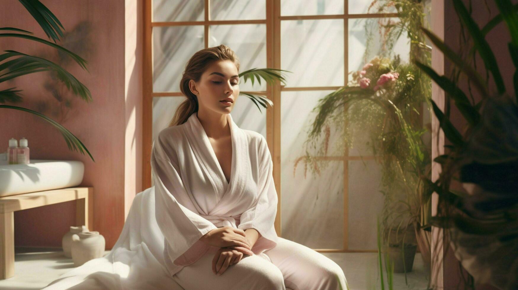 young woman in a bathrobe enjoying a serene beauty treatment photo