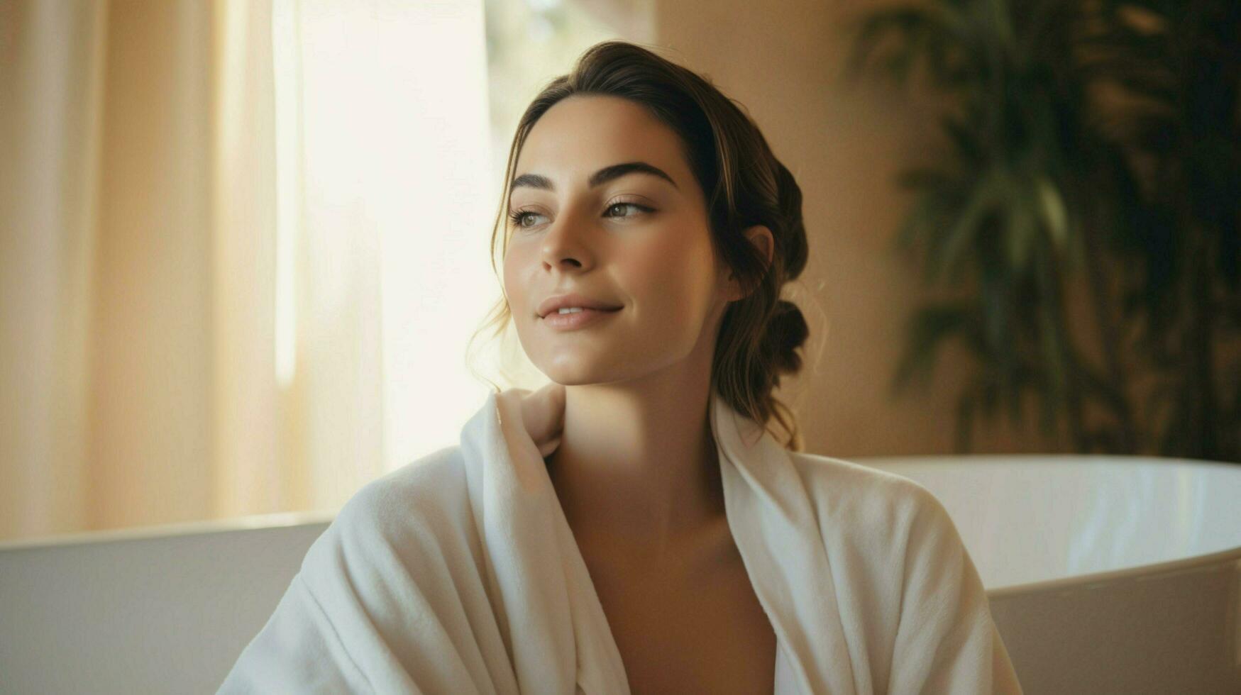 young woman in a bathrobe enjoying a serene beauty treatment photo