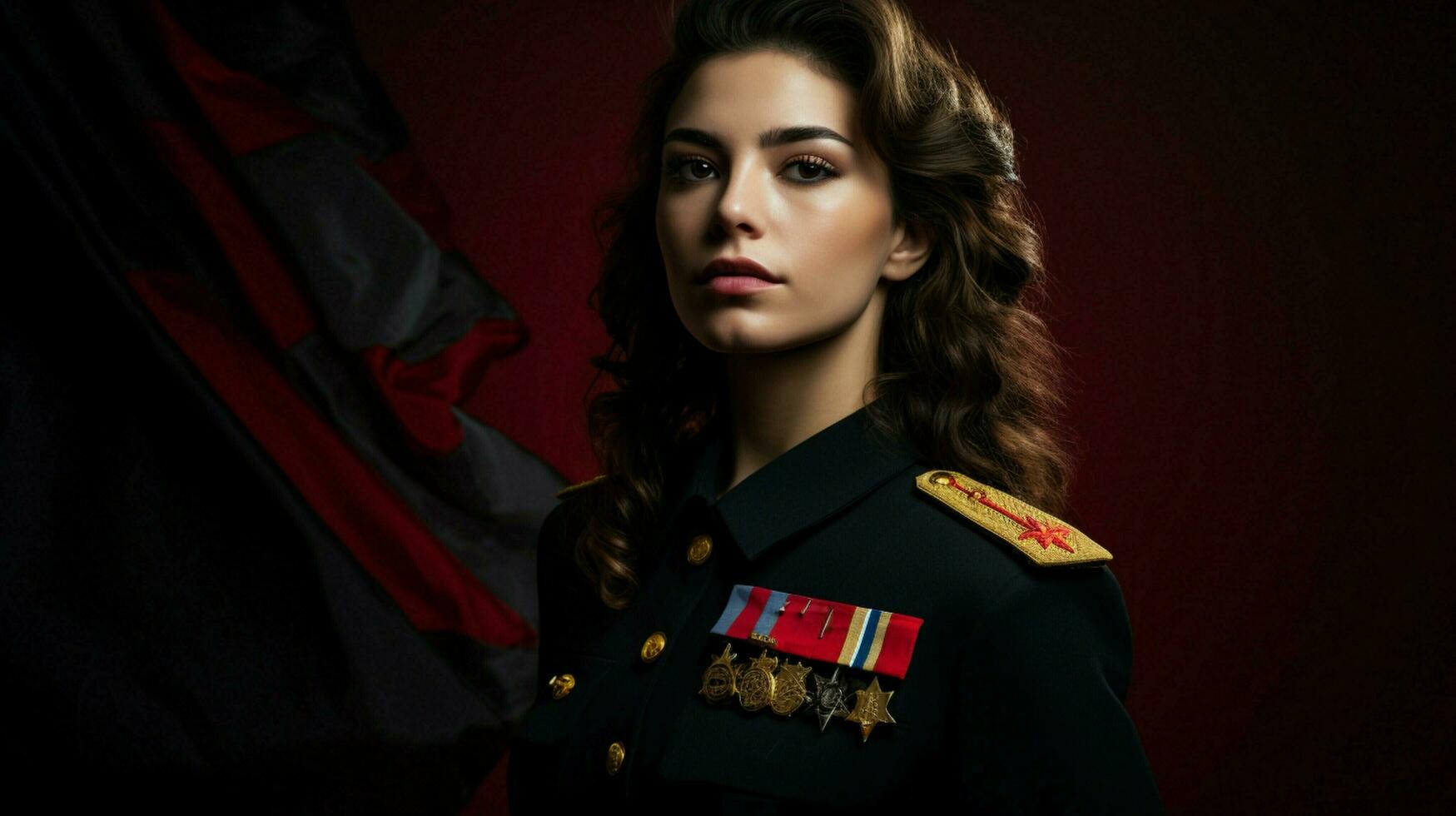 joven mujer en militar uniforme muestra patriotismo foto