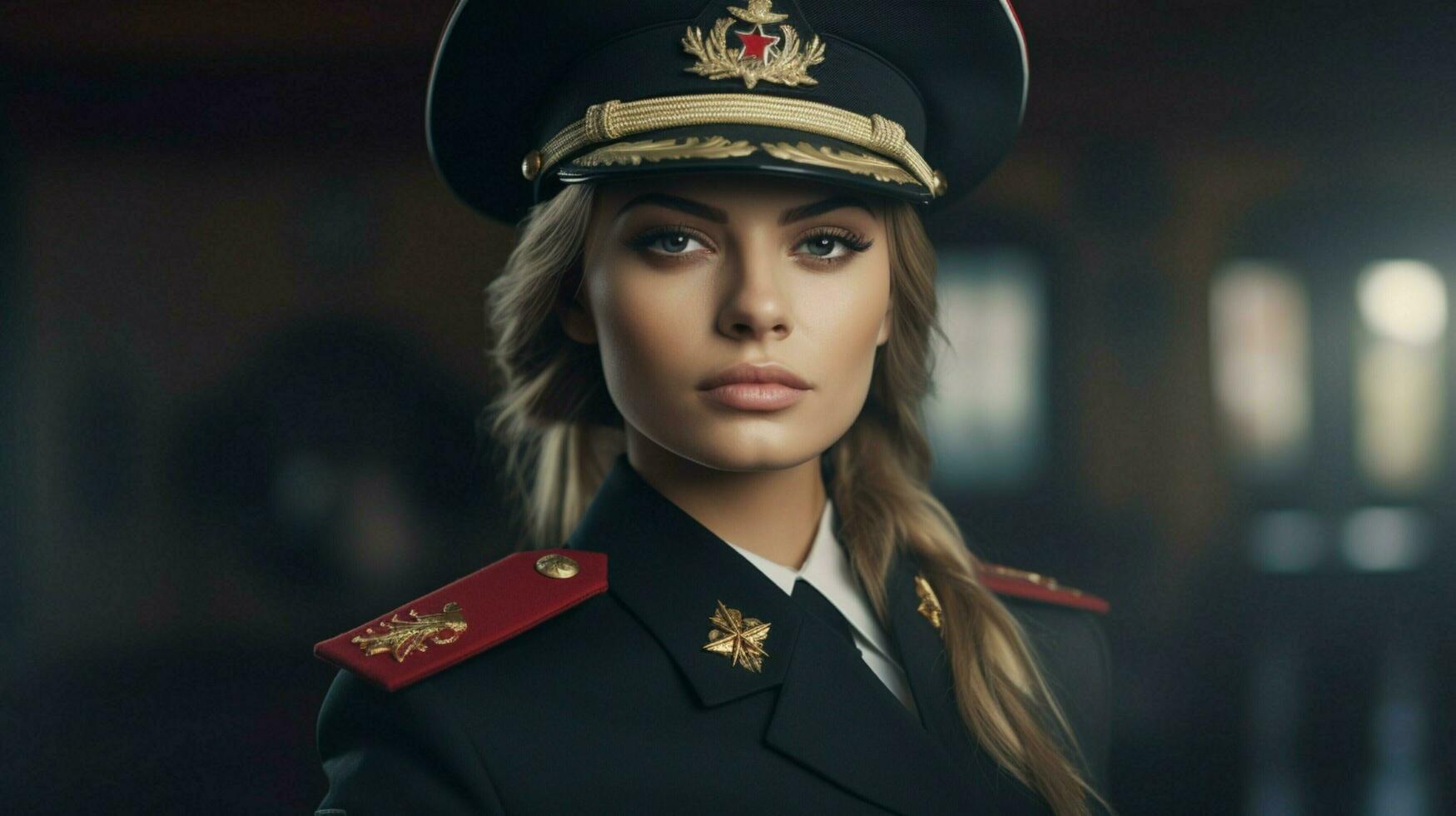 joven mujer en militar uniforme muestra patriotismo foto