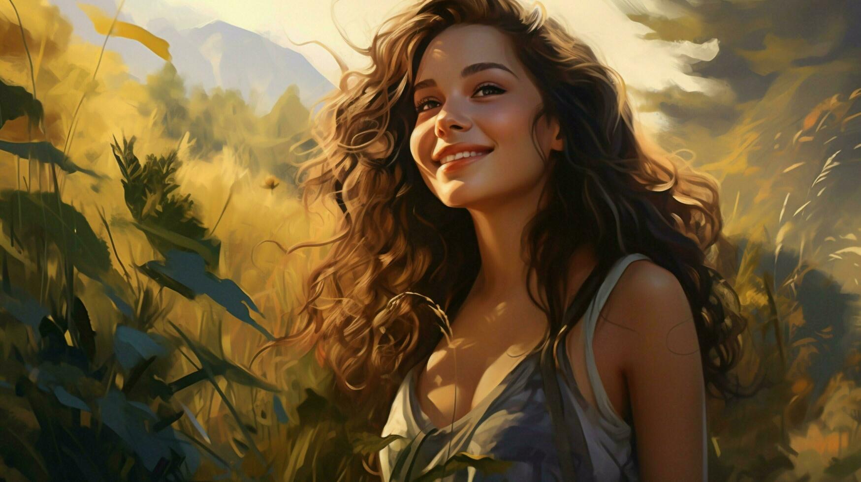 young woman outdoors looking away smiling surrounded photo