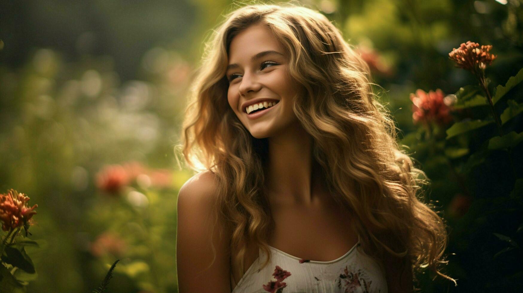 joven mujer al aire libre mirando lejos sonriente rodeado foto