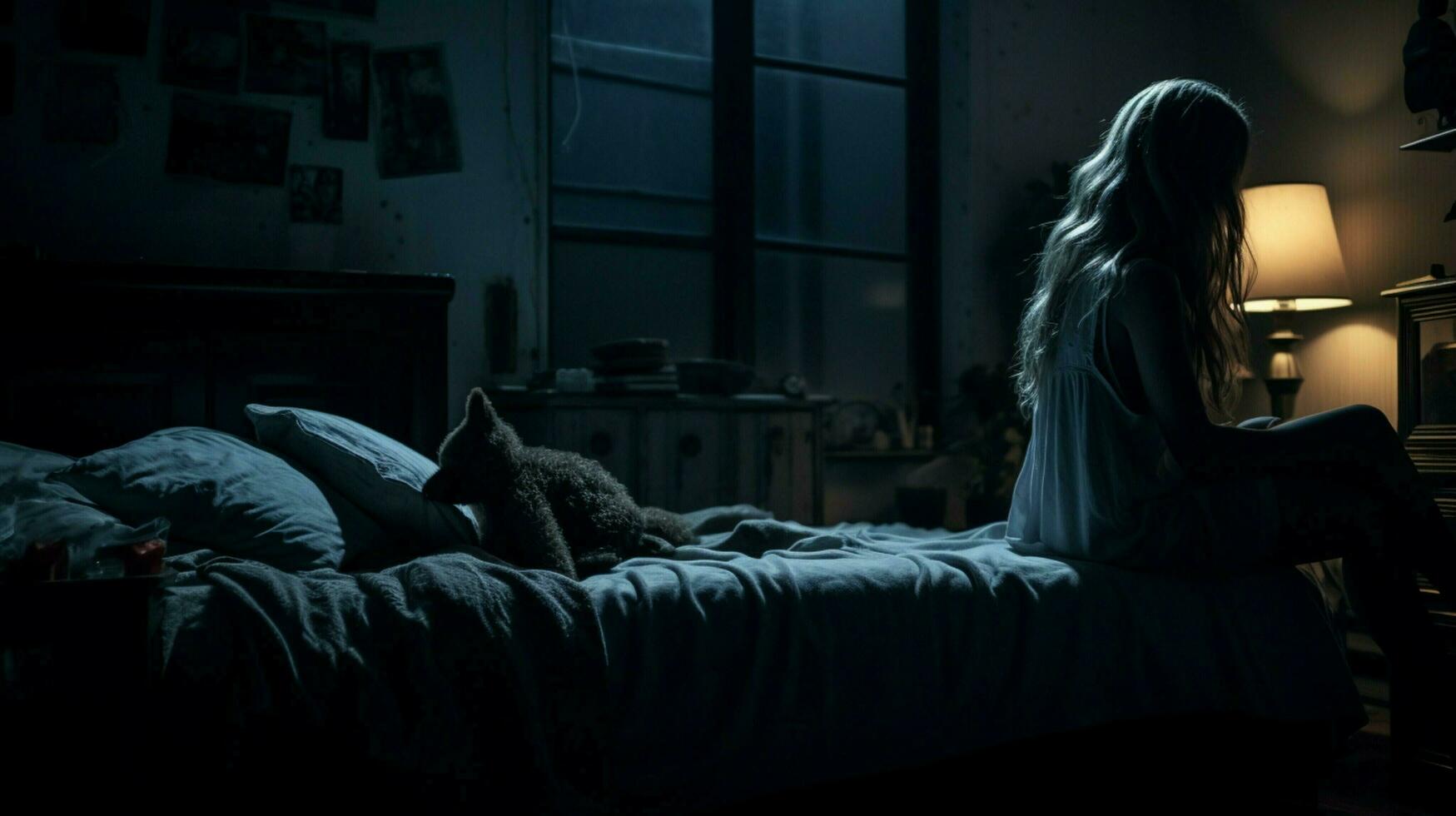 young woman resting in dark lonely bedroom photo