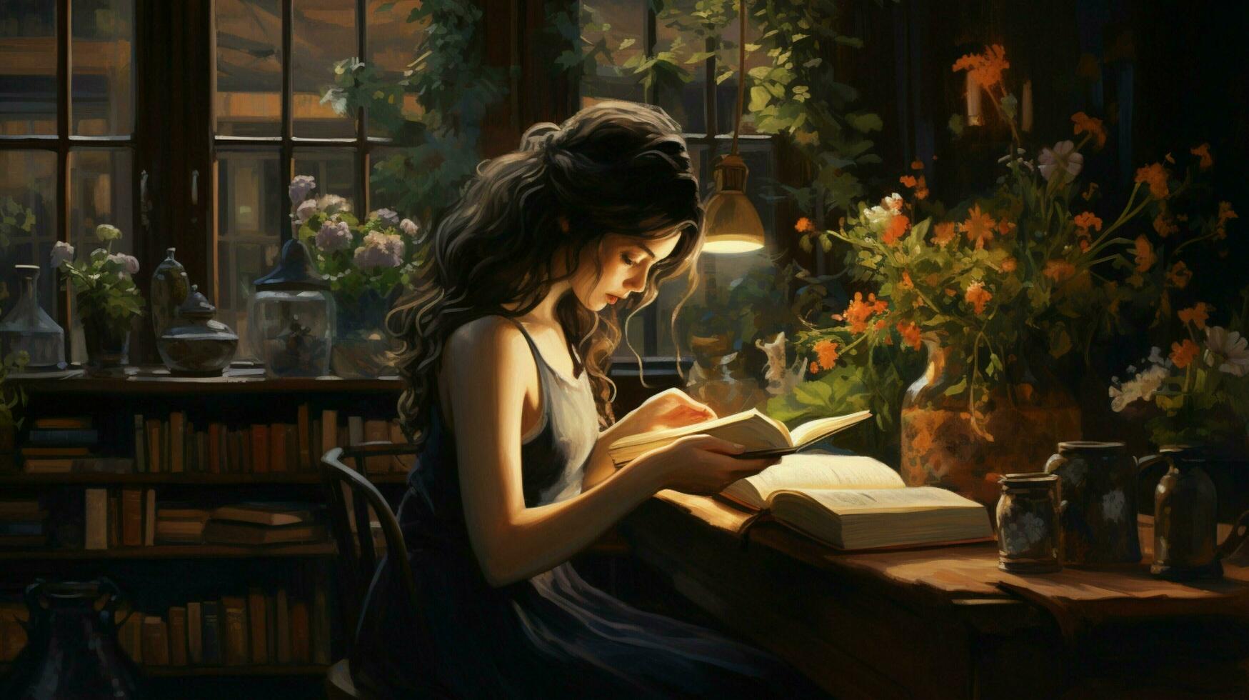 joven mujer leyendo libro de texto en hogar biblioteca foto