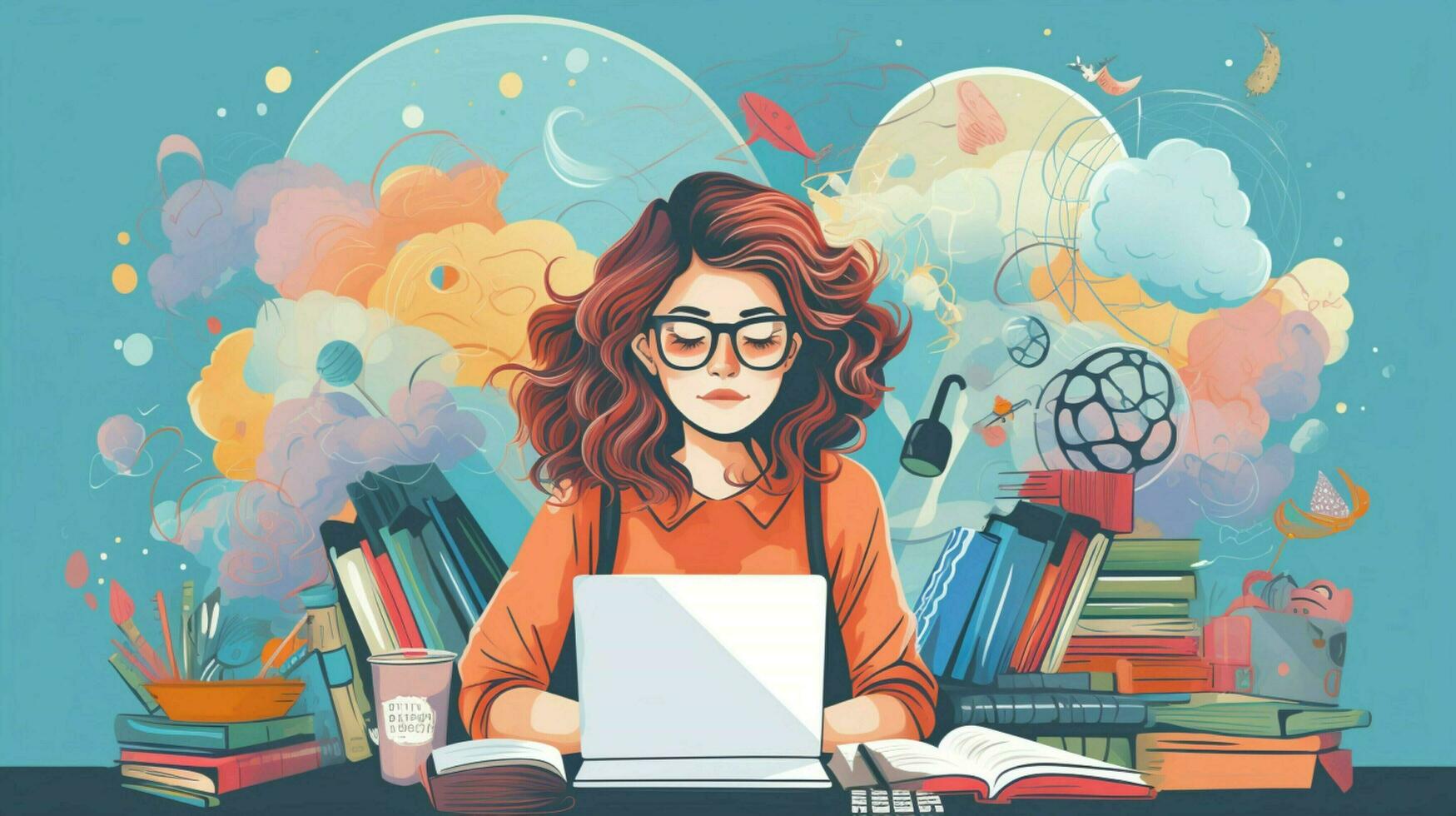 young woman studying at desk with creativity photo