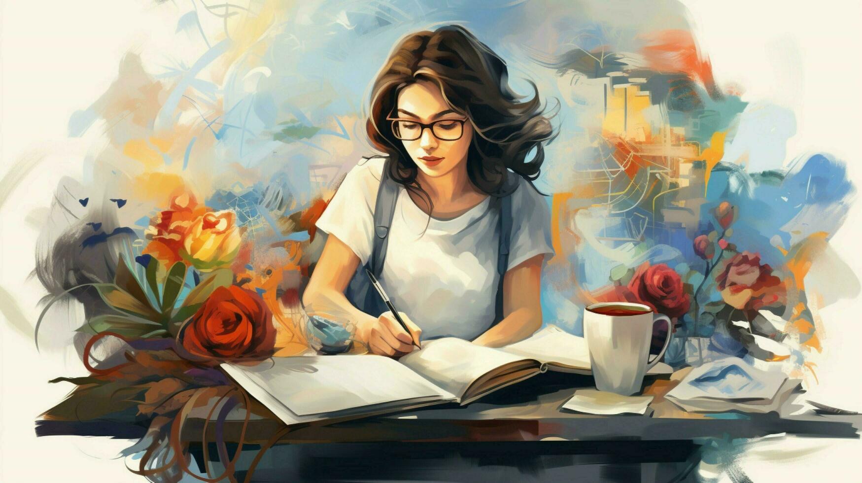 young woman studying at desk with creativity photo