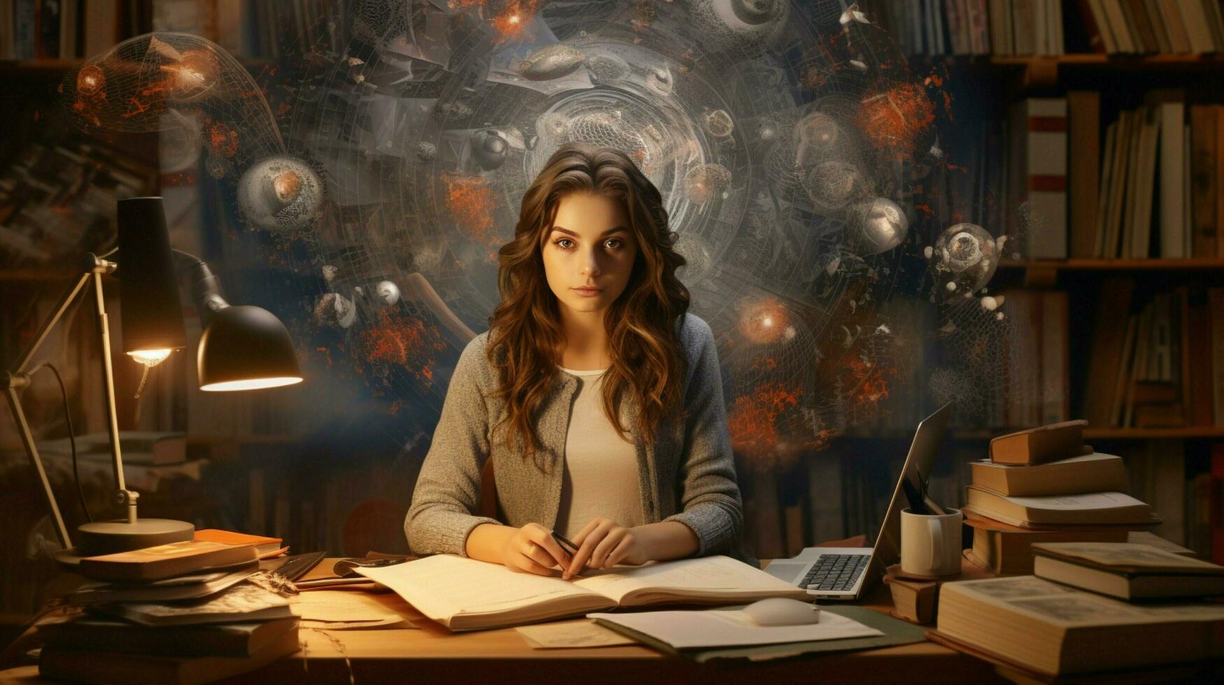 young woman studying at desk with creativity photo