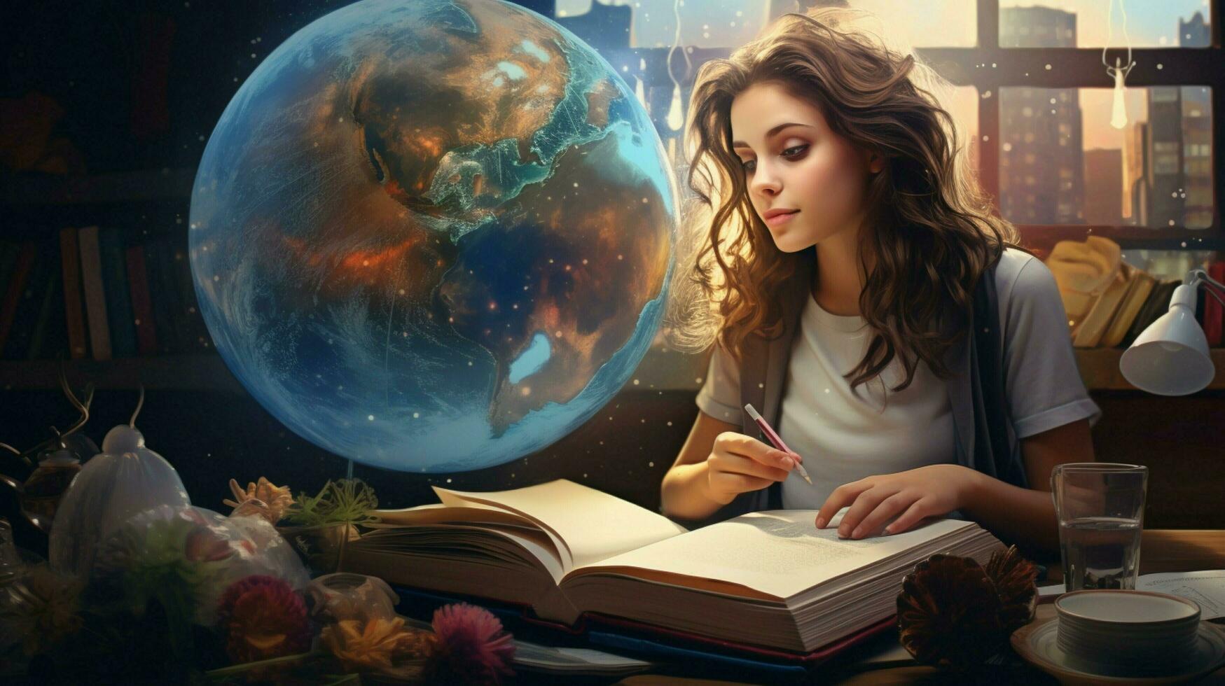 young woman studying at desk with creativity photo